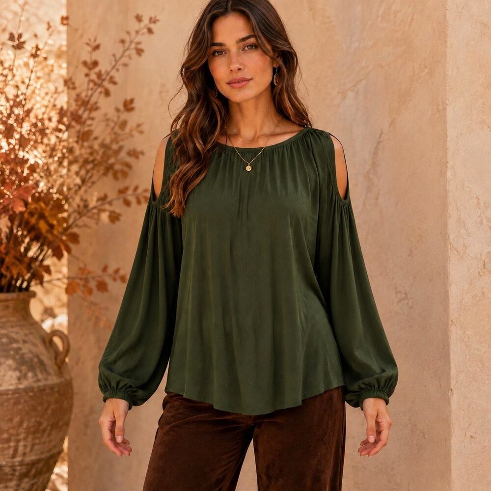 Romantic Boho Luxe Rachel Pally Cascade Cold Shoulder Modal Jersey Top Green S